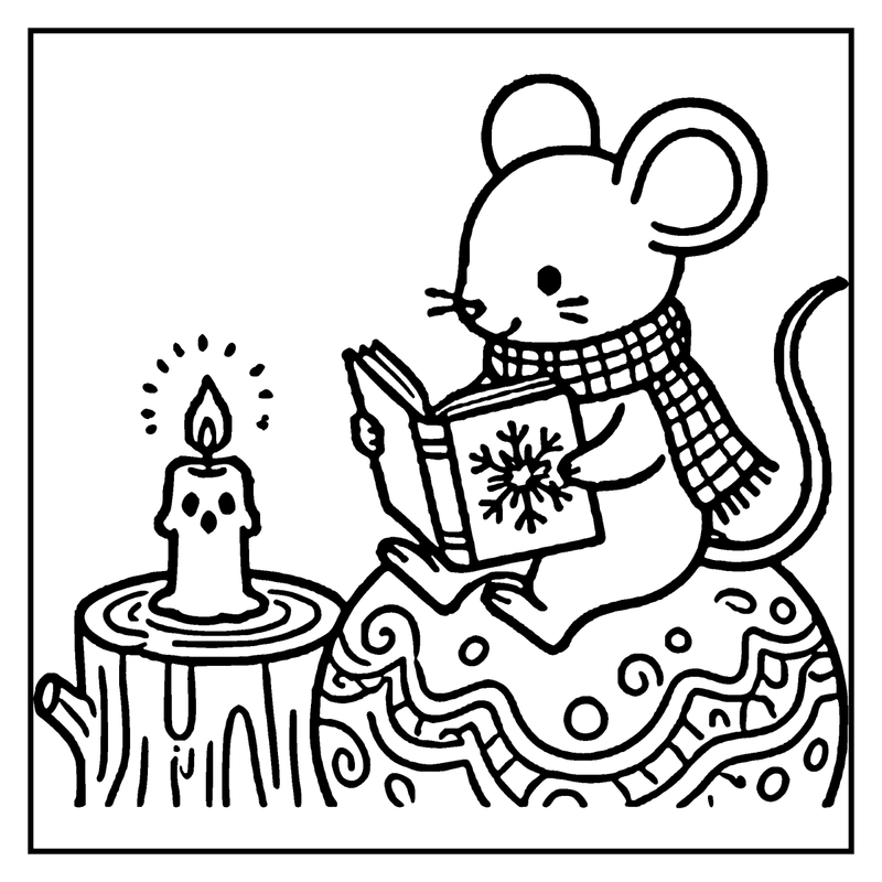 A mouse in a scarf reads a book with a snowflake on the cover, sitting on a patterned bauble by a lit candle, a winter coloring page