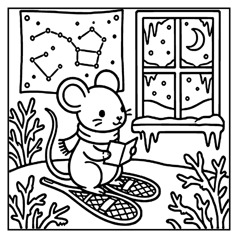 A mouse wearing a scarf and slippers is reading a book by a window with icicles hanging, a winter coloring page