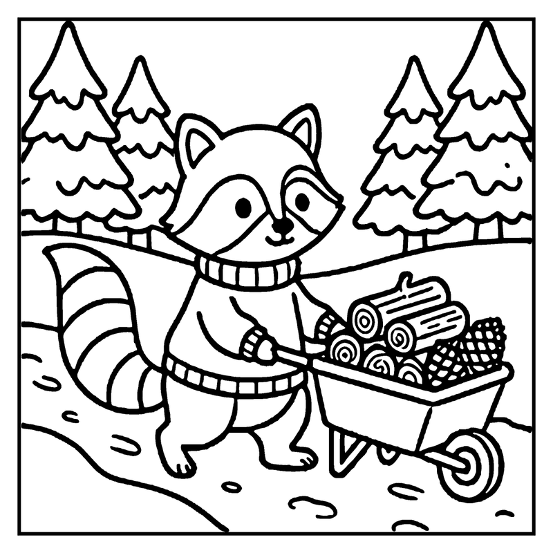 A raccoon in a winter setting pushes a wheelbarrow full of logs and pinecones, a winter coloring page