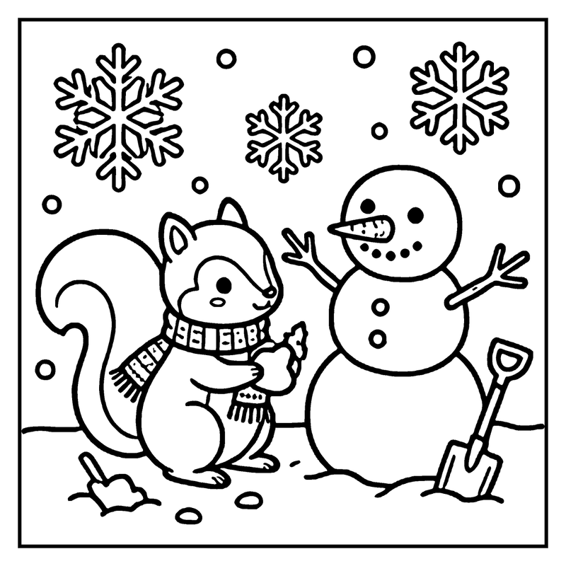 A raccoon wearing a scarf is building a snowman in a snowy scene with snowflakes and a shovel nearby, a winter coloring page