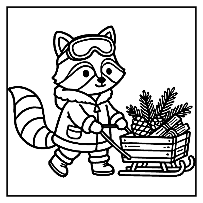A raccoon wearing goggles and a coat is pulling a sled filled with pine branches, a winter coloring page