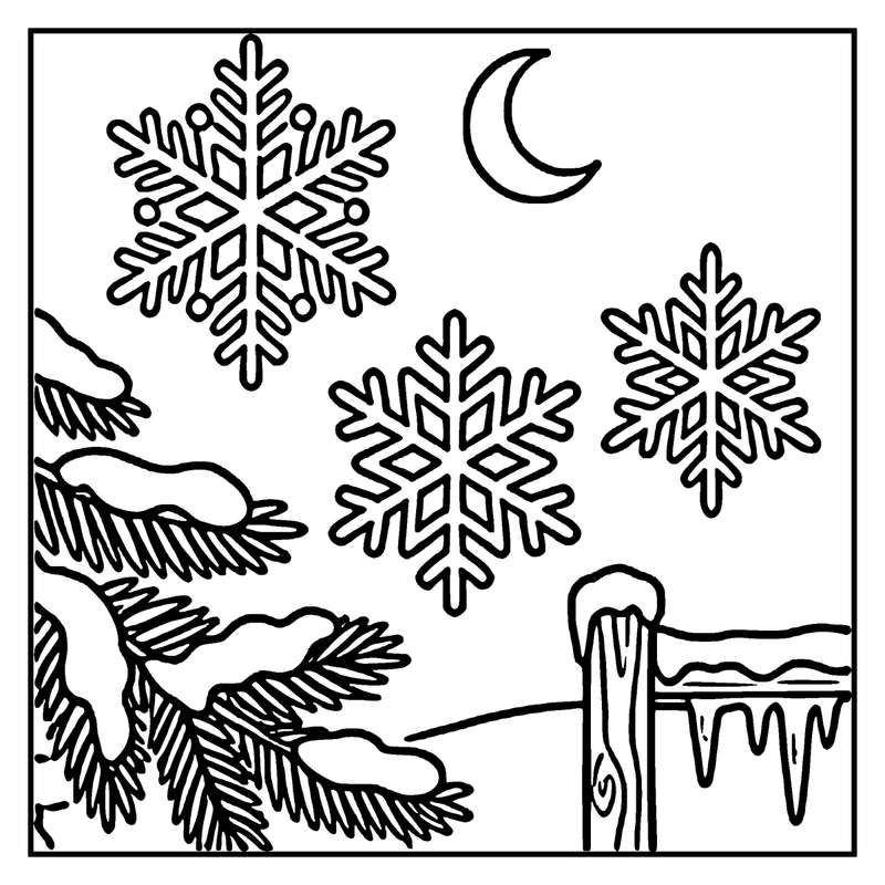 Snowflakes falling, moon above, icicles hanging, winter scene, a winter coloring page