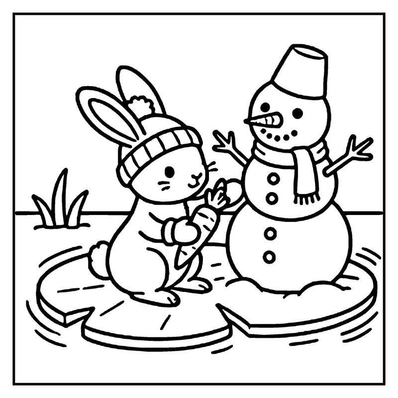 A snowman and a rabbit are standing on a floating ice block in a pond, a winter coloring page