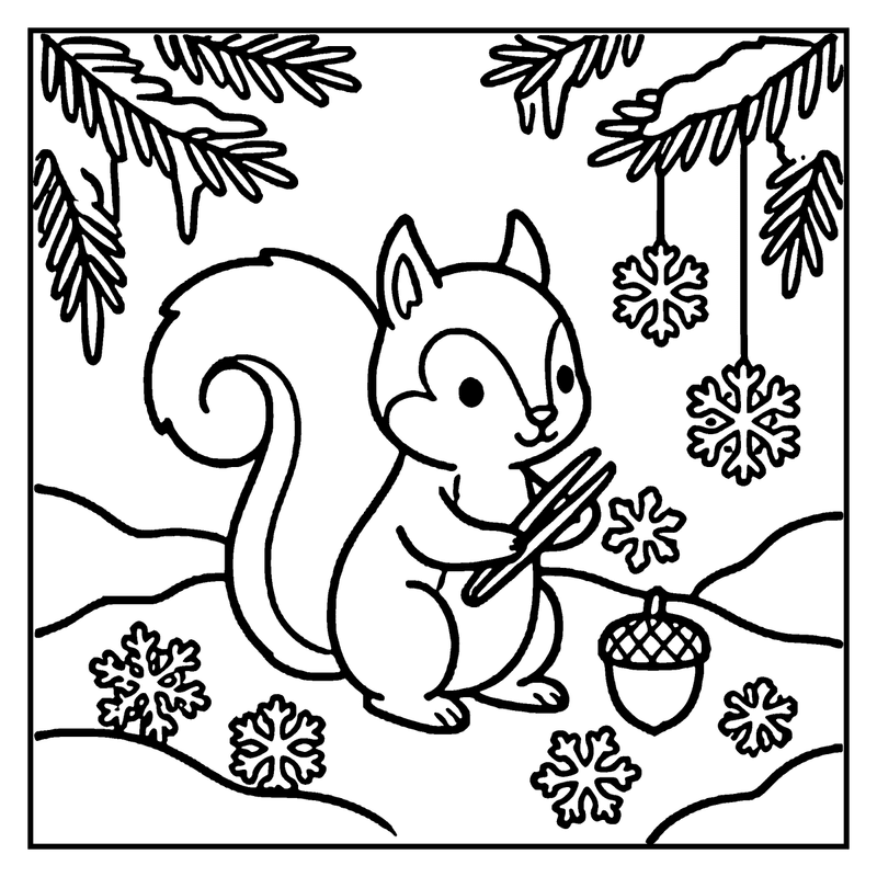 A squirrel holding an acorn in a snowy forest with snowflakes and pine branches, a winter coloring page
