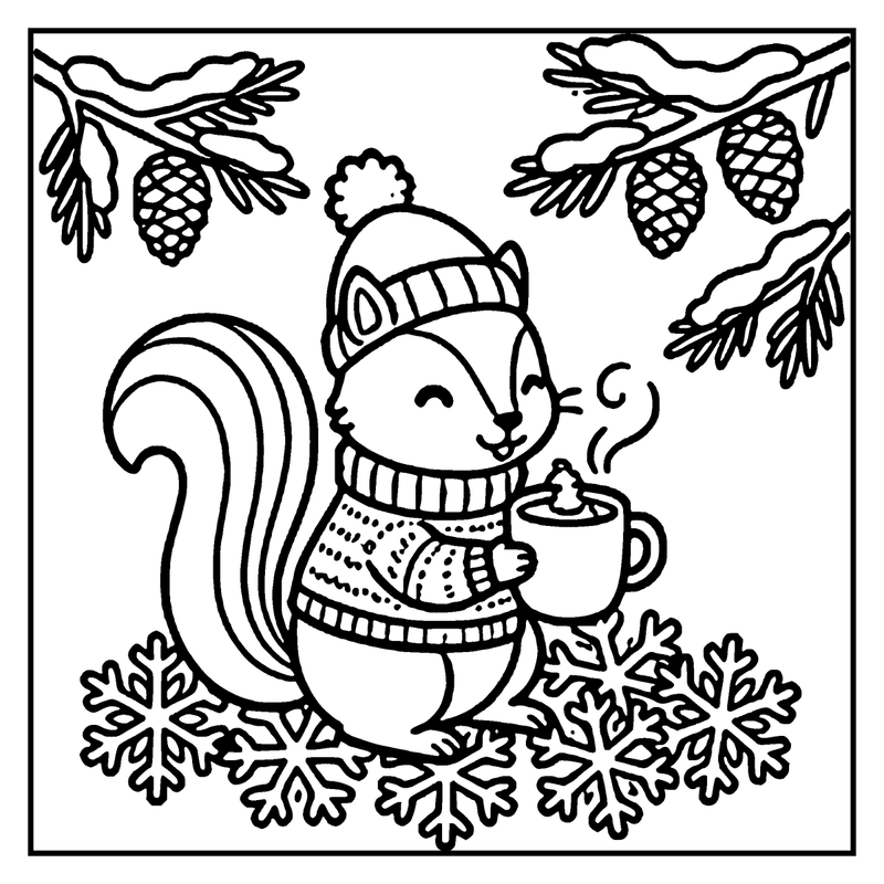 A squirrel in winter clothing sips hot cocoa surrounded by snowflakes and pine branches, a winter coloring page