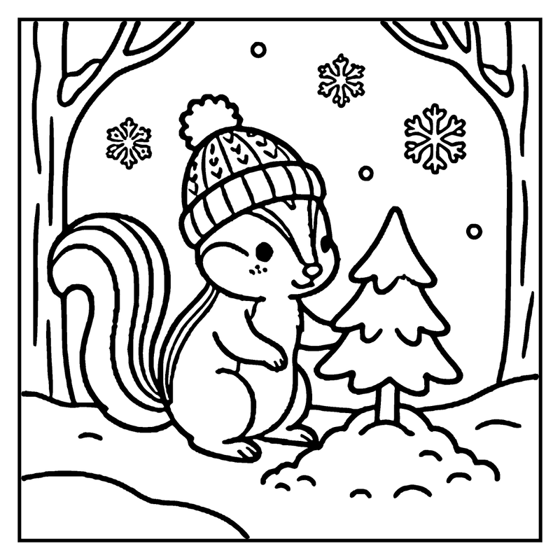 A squirrel wearing a winter hat is gathering nuts in a snowy forest, a winter coloring page