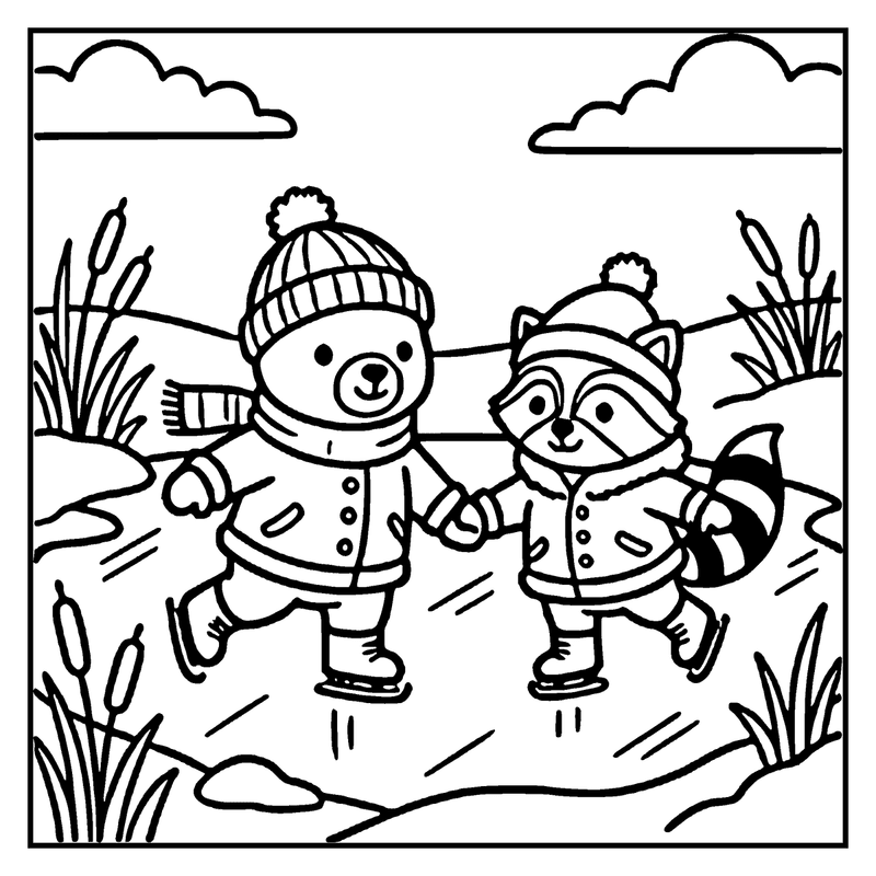 A teddy bear and a raccoon are ice skating in a snowy landscape with cattails and fluffy clouds, a winter coloring page