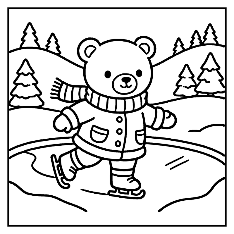 A teddy bear is ice skating in a snowy forest with evergreen trees, a winter coloring page