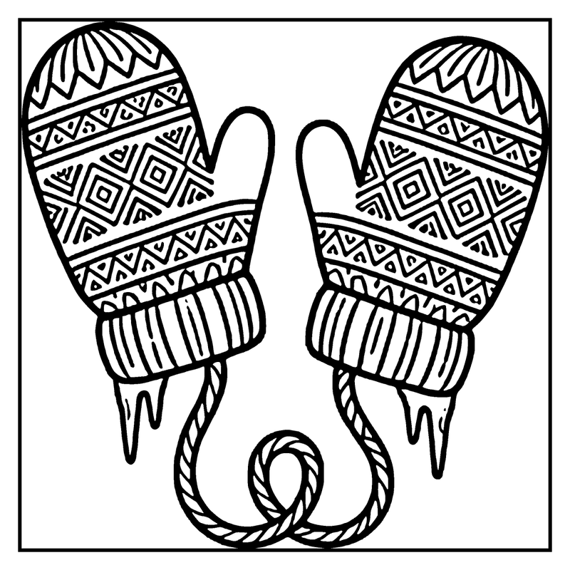 Two mittens with intricate patterns are shown, one dripping with ice, set against a white background, a winter coloring page