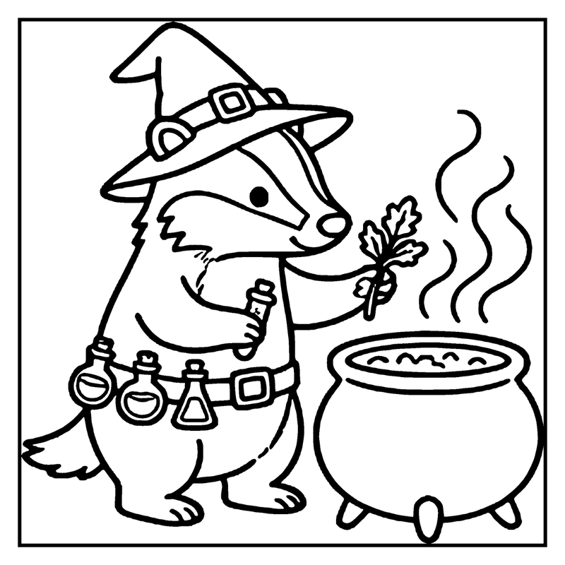 A badger wearing a witch hat is cooking in a cauldron, holding a leaf