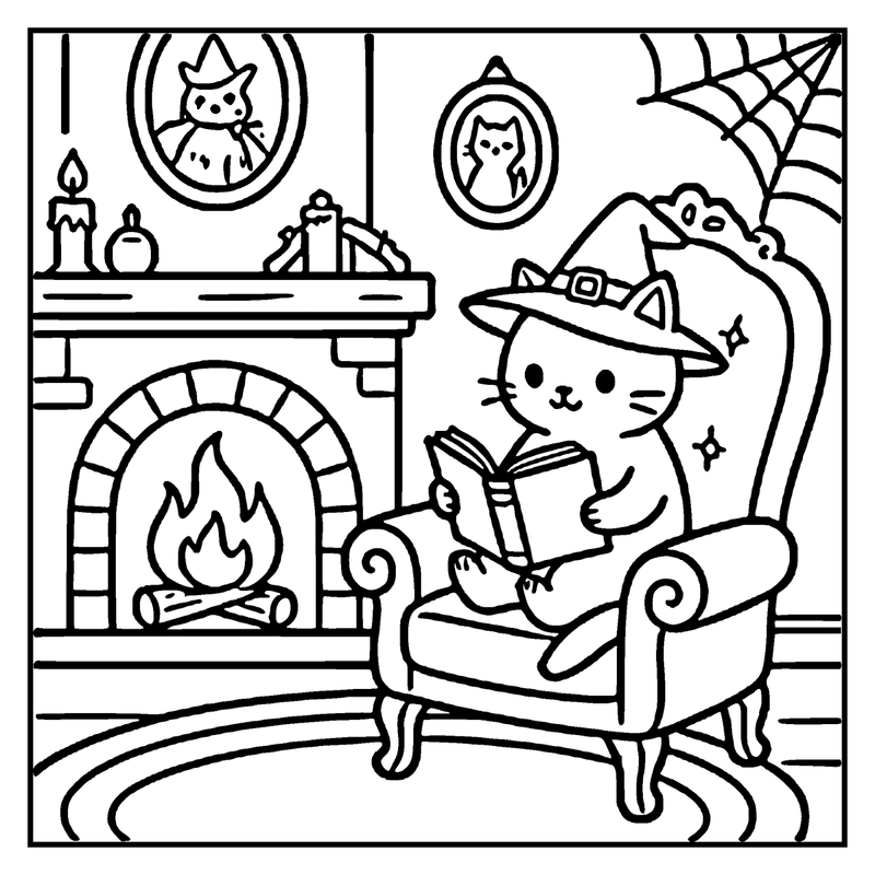 A cat wearing a witch hat is reading a book by a fireplace with a candle and a mirror