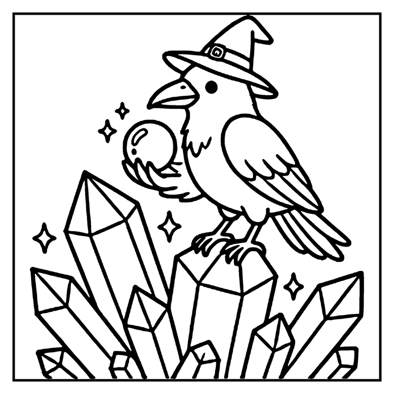 A crow wearing a witch hat holds a crystal ball, surrounded by sparkling crystals