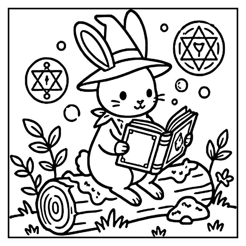 A cute bunny wearing a witch hat is reading a book in a magical forest setting