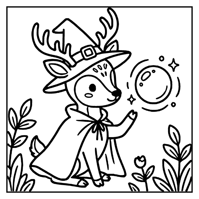 A cute deer wearing a witch hat and cape is casting a magical spell in a forest setting