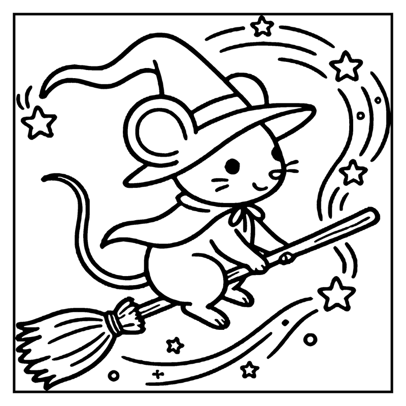 A cute mouse dressed as a witch is flying on a broomstick with stars and sparkles around