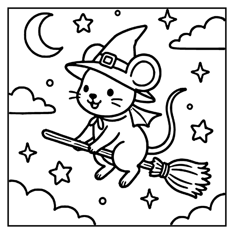A cute mouse dressed as a witch is flying on a broomstick in the night sky
