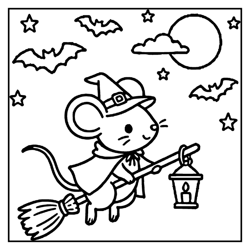 A cute mouse dressed as a witch is flying on a broomstick, holding a lantern, with bats, stars, and a full moon in the background