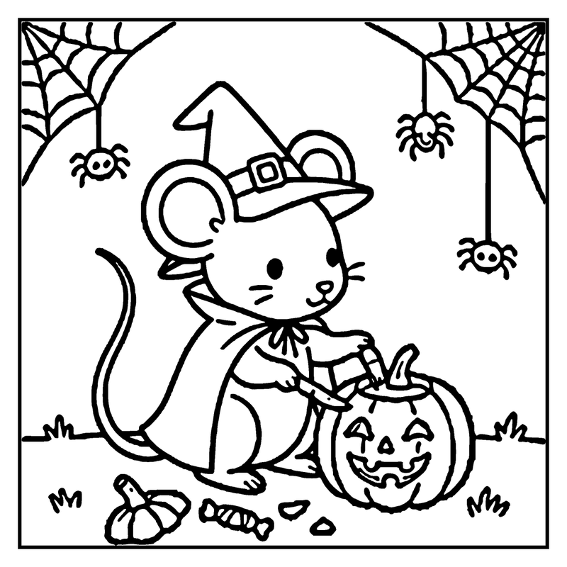 A cute mouse wearing a witch hat is carving a pumpkin with a knife, surrounded by spider webs and spiders