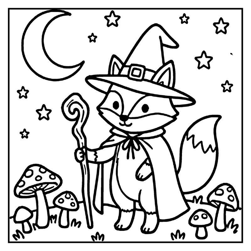 A fox dressed as a witch holds a magic wand, surrounded by stars and a crescent moon