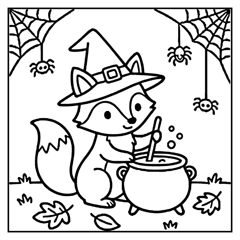 A fox wearing a witch hat is stirring a cauldron with a spoon
