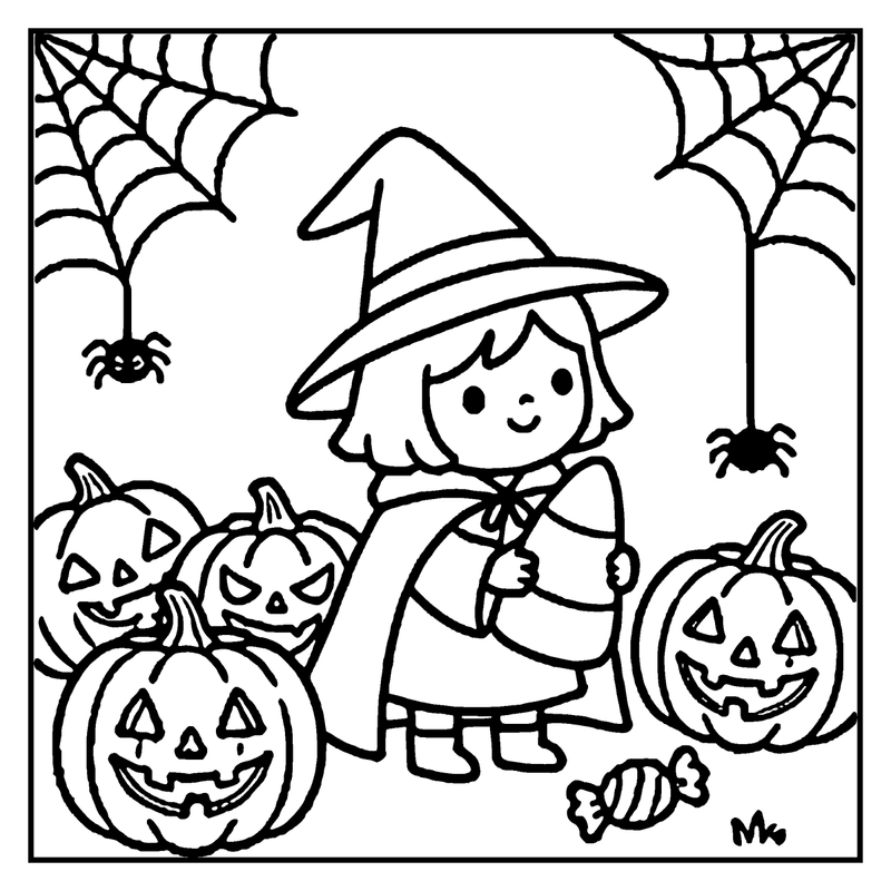 A little witch in a hat stands next to three carved pumpkins and a candy, with spider webs and spiders in the background