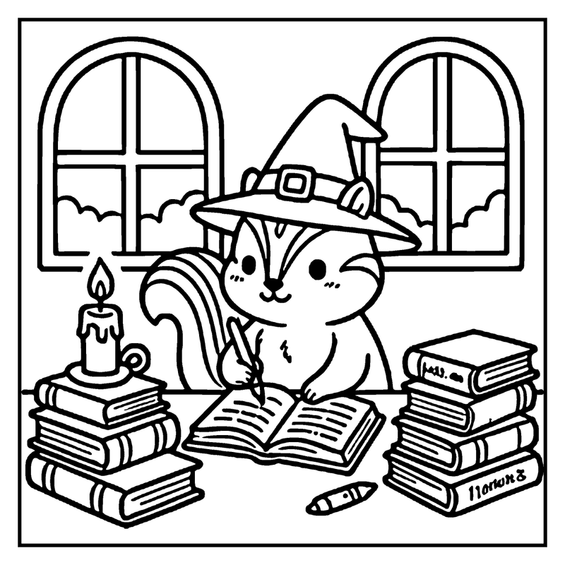 A squirrel wearing a witch hat is writing in a book with a candle and books around