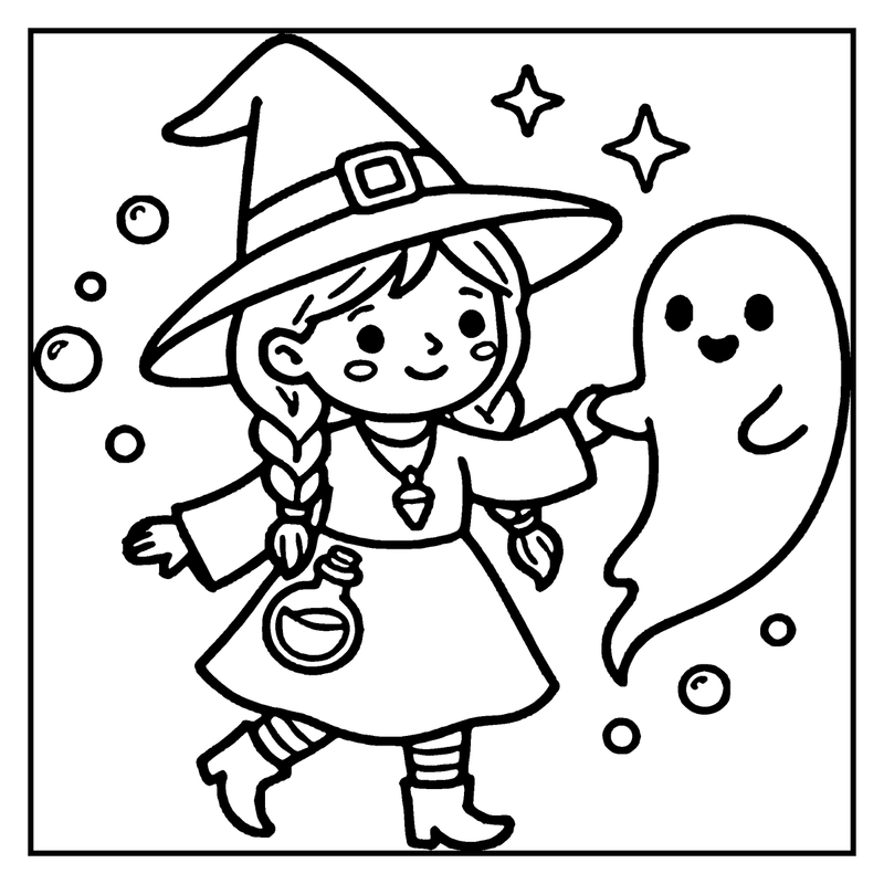 A witch in a hat and dress is holding a potion bottle and a ghost, with stars and bubbles around them