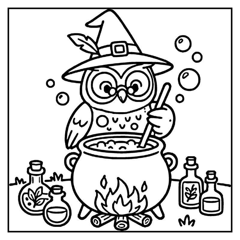 A witch owl is stirring a bubbling cauldron with a wand, surrounded by potion bottles and bubbles