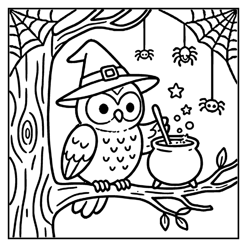 A witch owl sits on a branch, holding a potion, surrounded by spider webs and stars