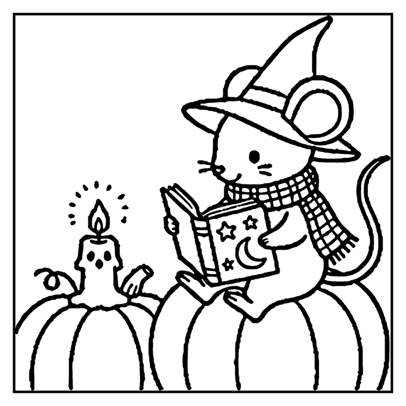 A witch wearing a hat and scarf is reading a book by a lit candle and a pumpkin