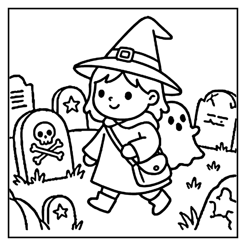 A young witch in a hat and cloak is walking through a graveyard with tombstones and a ghost