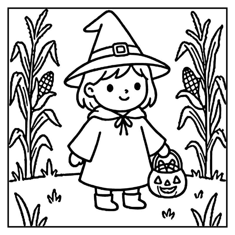 A young witch in a hat and cloak stands in a cornfield, holding a jack-o'-lantern basket